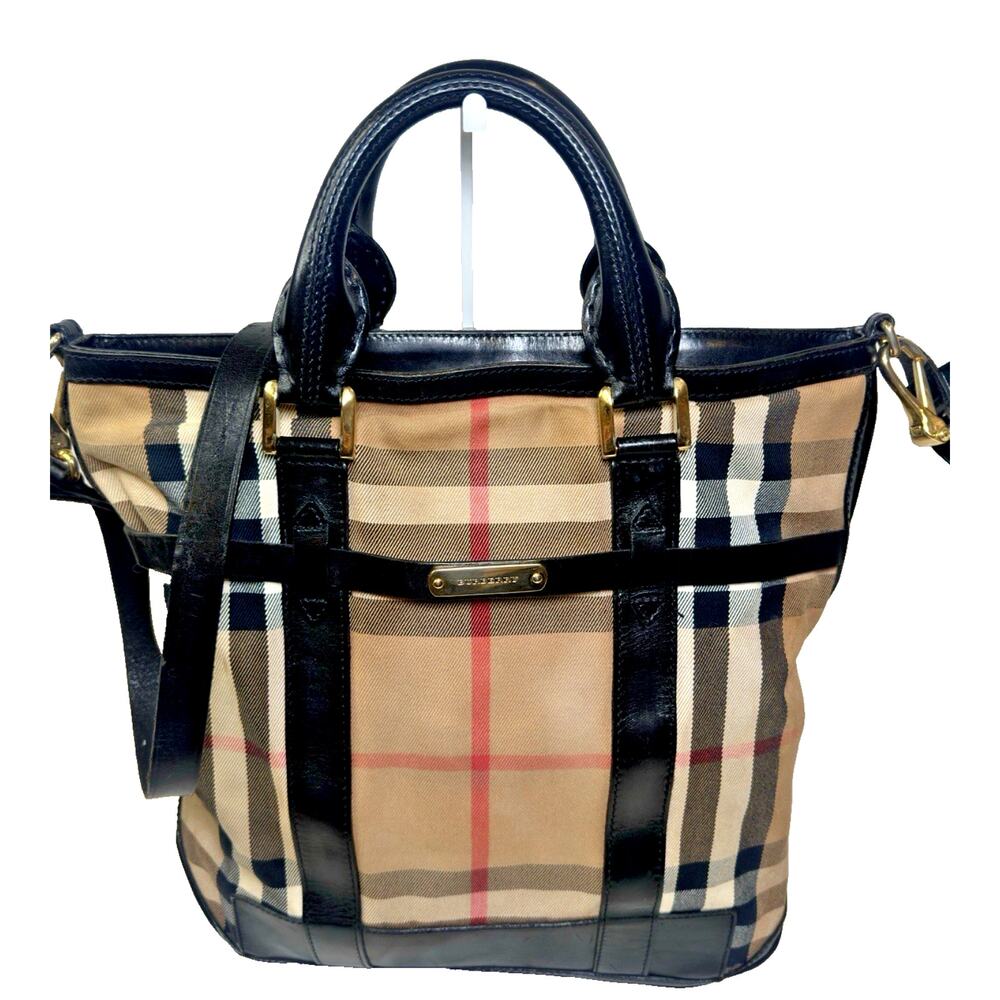 Burberry Check tote with shoulder strap and black leather trim~ Made in Italy ~